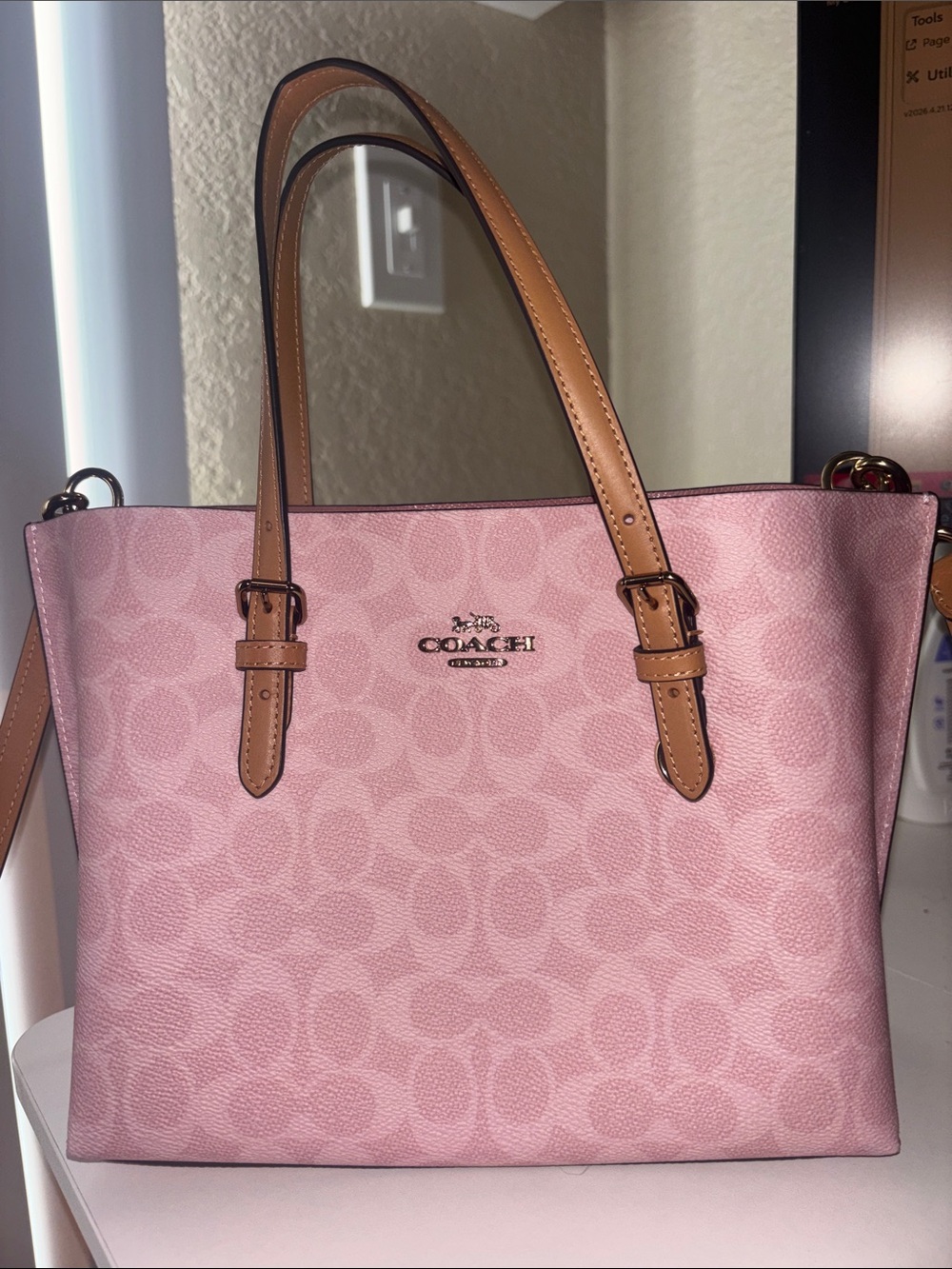 Coach Mollie Pink Signature Tote with Tan Leather Handles